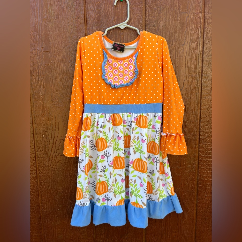Royal Gem Orange Pumpkin Print Dress with Blue Accents size 4T cottagecore